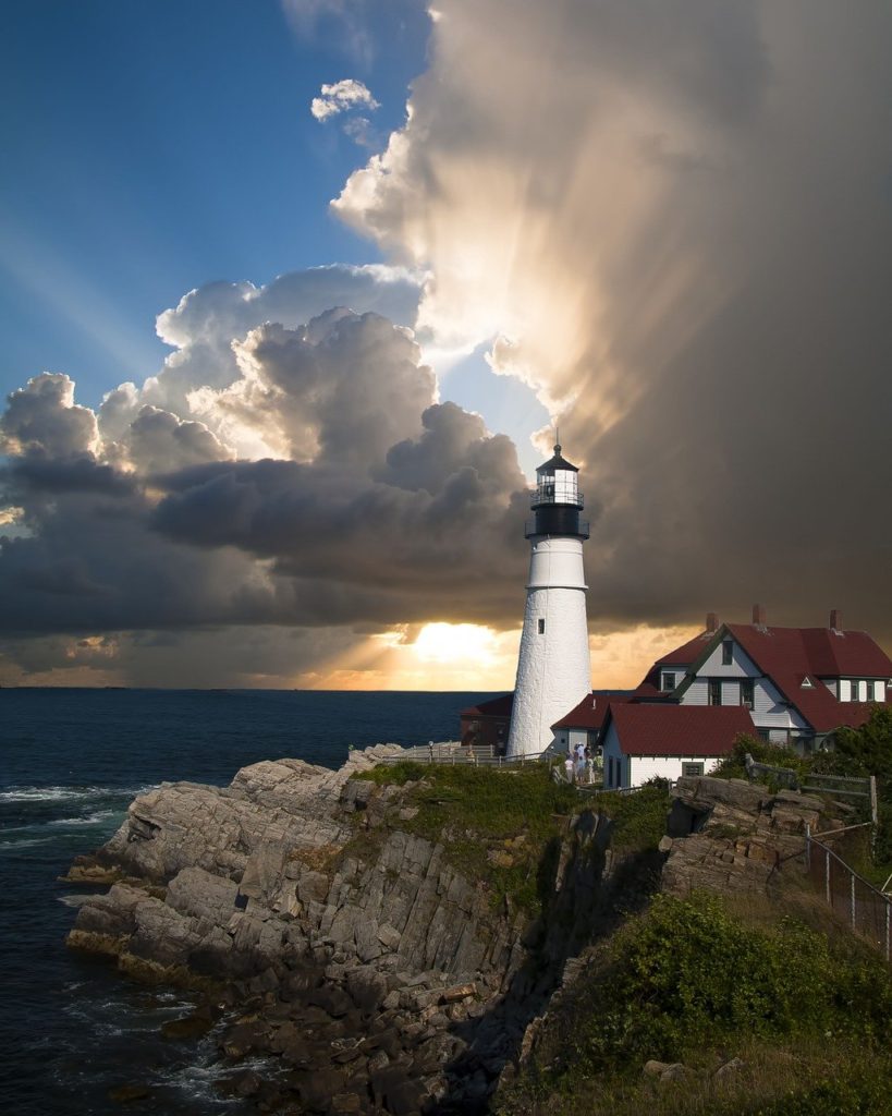 lighthouse, cliff, sea